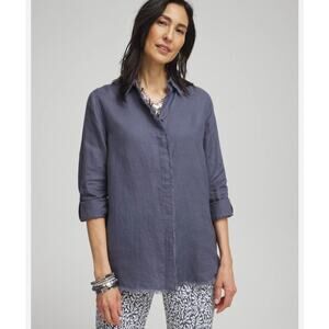 Chico's Womens Blue Roll Cuff Sleeve Classic Fit Linen Fringe Shirt Sz 2.5 Sz 14